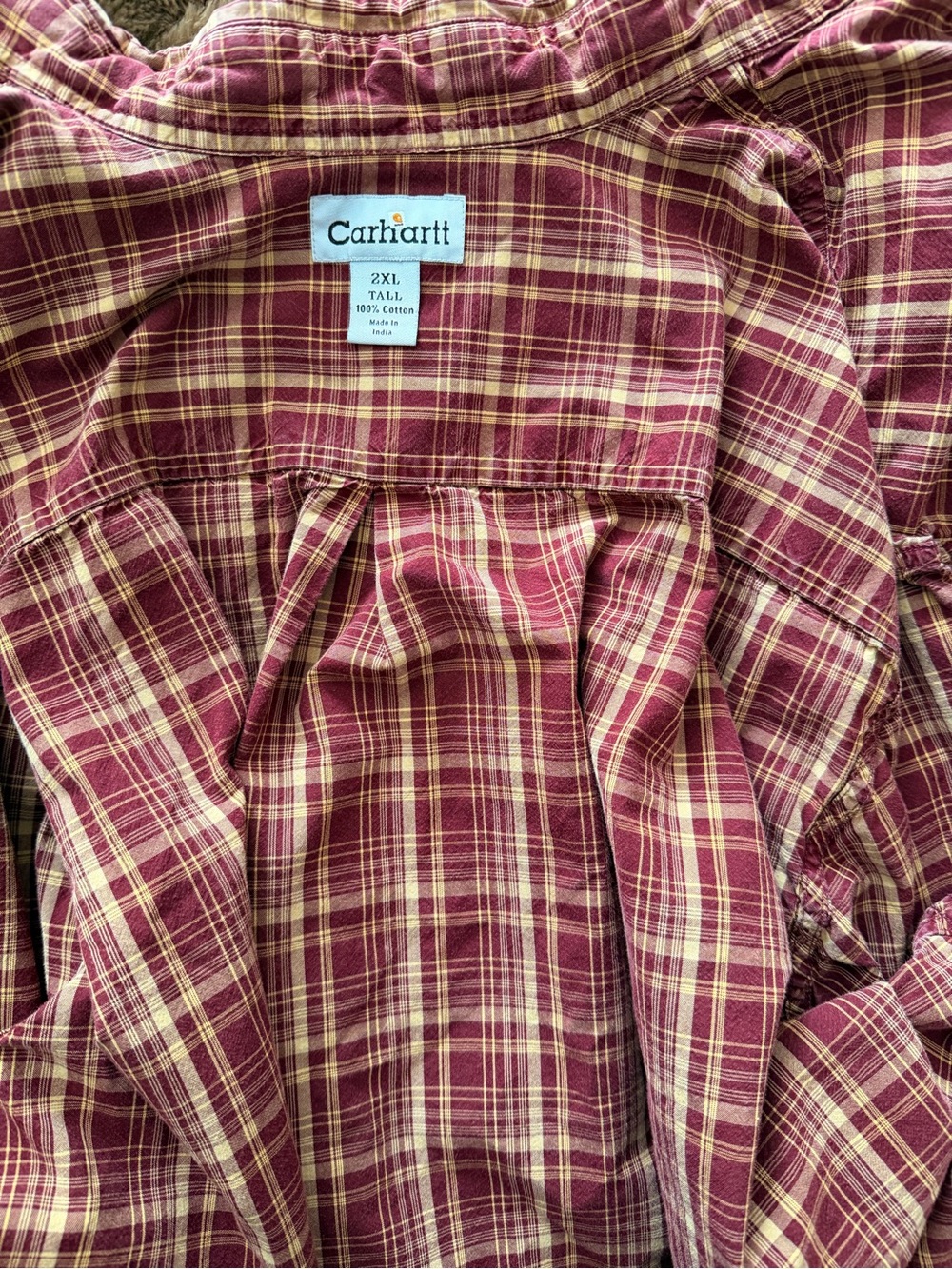 Carhartt 2XL Tall Plaid Button Down Shirt Burgundy Tan 100% Cotton Workwear - Picture 2 of 4